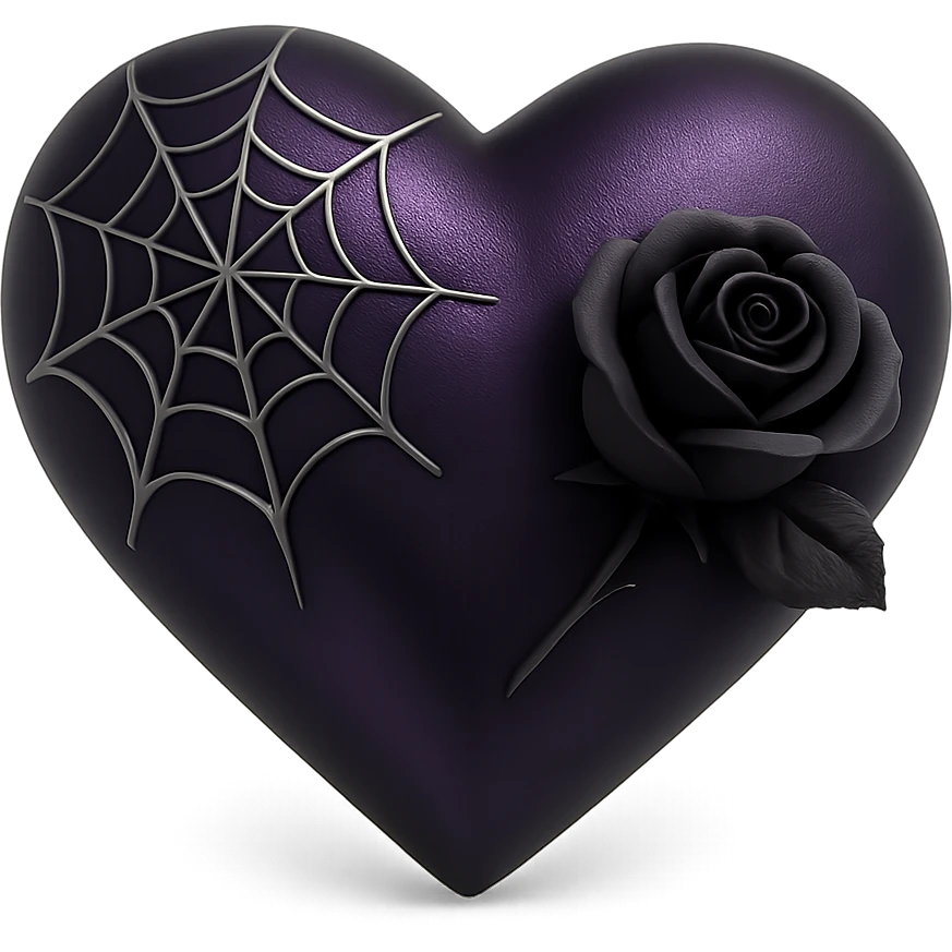 gothic heart in 3D black style, deep purple satin texture, silver spiderweb pattern, black rose accent, mysterious and elegant mood emoji