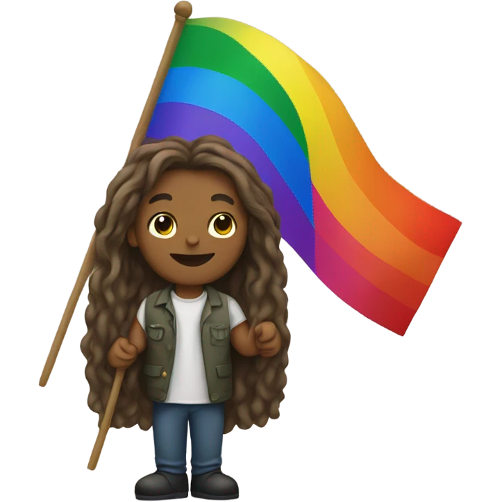 man with long hair holding rainbow flag emoji