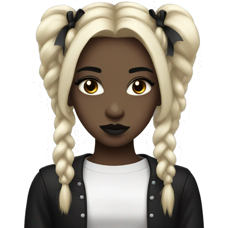 a girl with very fair skin and black strong makeup like an emo, in black clothes with crosses and bows emoji
