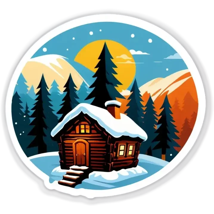 Eine Hütte im Wald mit einer Glaskuppel auf dem Dach, Winterlandschaft, Schnee und Nordlichter am Himmel emoji