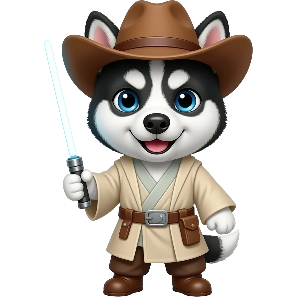 black Siberian Husky with one blue eye puppy wearing a cowboy hat dressed in Jedi clothing holding a light saber emoji