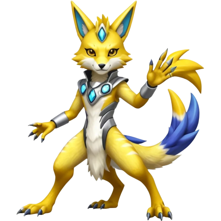 Modern anthropomorphic furry futuristic shiny colorful Lombax-Zeraora-Renamon-fusion (full body) emoji
