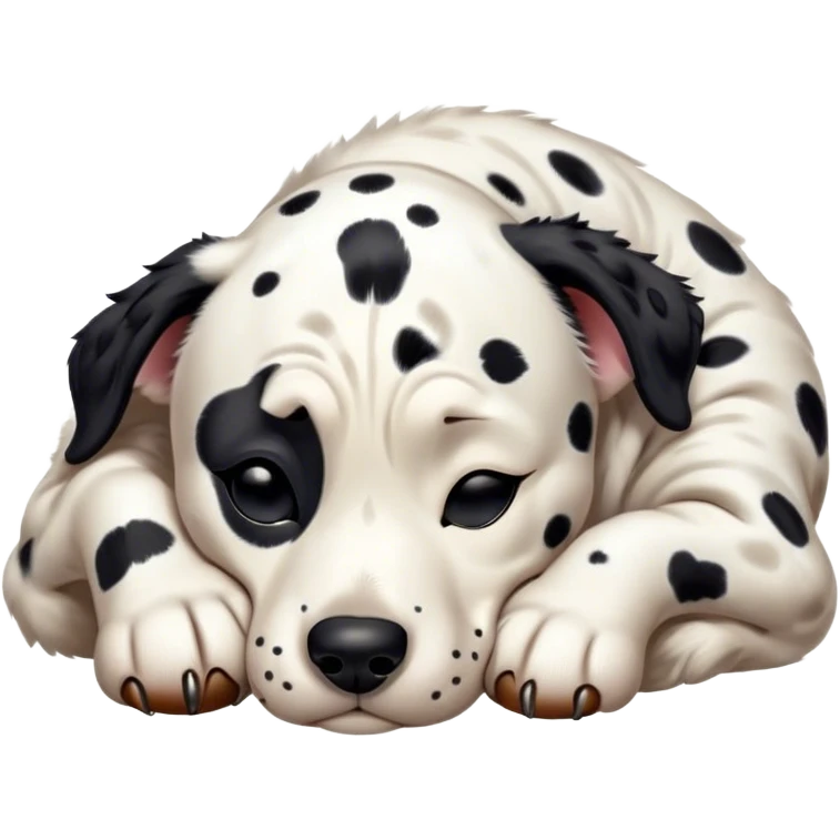 Meme-Worthy Cute Sleeping Spotted Dalmatian Portrait Emoji, Head resting peacefully with a contented smile, showcasing a delightfully majestic build and a luxuriously soft Fur of predominantly white with bold black patches, eyes shut in a serene nap, Simplified yet hilariously adorable features, highly detailed, glowing with a soft, drowsy light, high shine, relaxed and utterly lovable, stylized with an air of playful laziness, bright and heartwarming, soft glowing outline, capturing the essence of a comically sleepy guardian, so meme-worthy it feels like it could instantly become the next viral sensation of adorable slumber! emoji