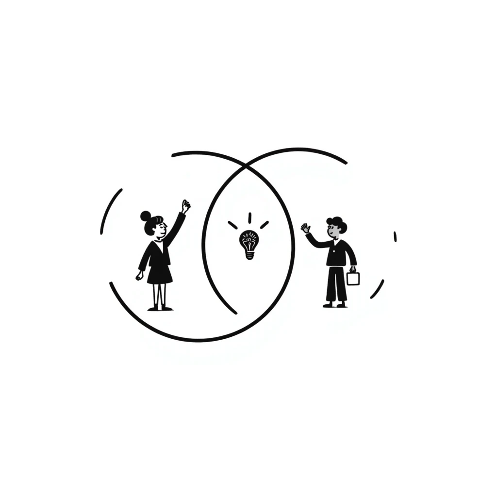 doodle style venn diagram with leader and manager icons, overlapping area showing similarities emoji