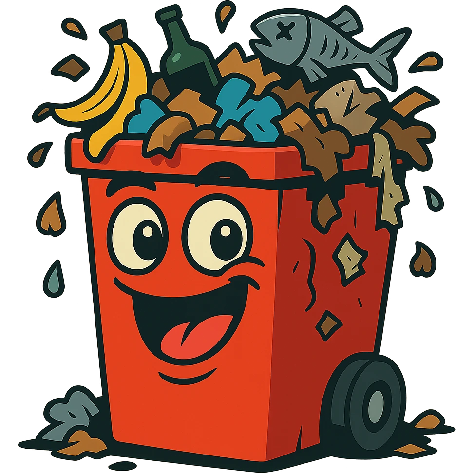 Make the red trash bin overflowing with garbage, keep the vibrant cartoon style, no background. emoji