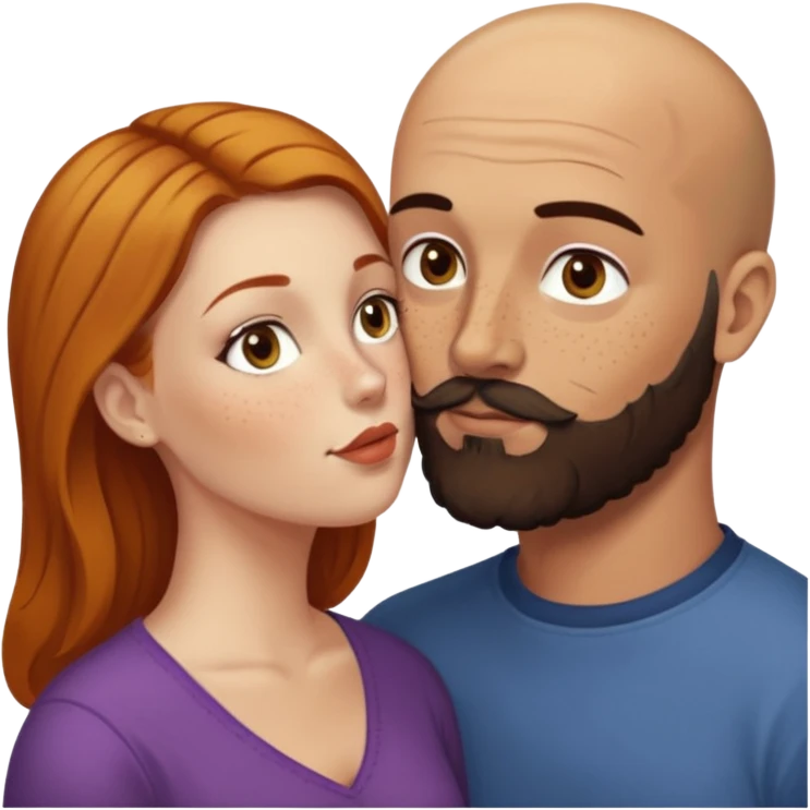 Couple. Bald man with dark brown-black beard. White woman with many small, faded freckles, she has white skin and she has auburn-yellow-brown-cinnamon, dark long hair. She has light brown eyes. The man have hazel eyes. Retro style. They kiss. emoji