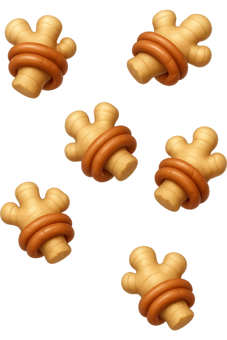 emoji stile iphone 3d di 6 piccoli pezzi di zenzero che fluttuano in aria con pezzi di colon arrotolati intorno, iperrealistico 4k emoji