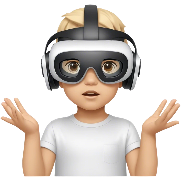 Child wearing virtual reality glasses, with a curious and engaged expression, exploring the digital world through VR technology. emoji