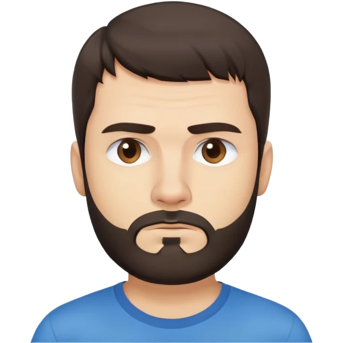 Caucasian Argentine man with straight dark brown hair, loose hairstyle with bangs, short full beard, serious-neutral expression, basic blue t-shirt emoji