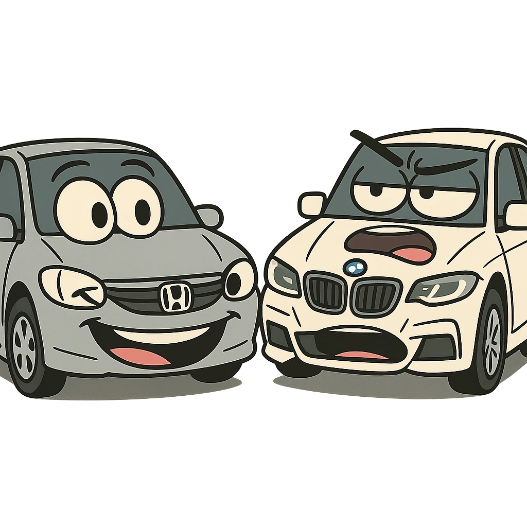 Honda and BMW cars with exaggerated expressions, comic style emoji