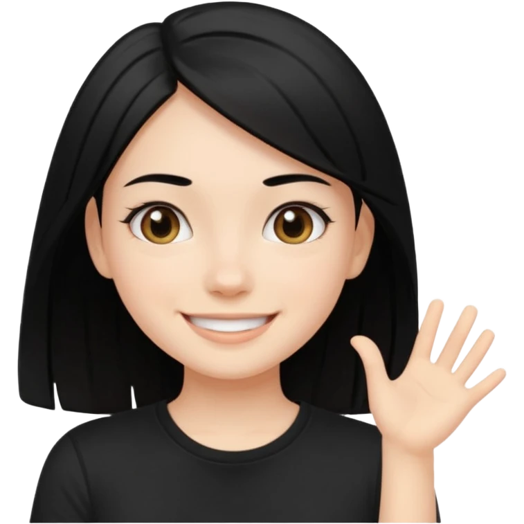 a pretty bratz fair girl with straight black hair, wearing a black tshirt, smiling emoji