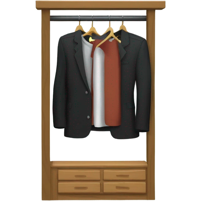 Design an emoji-style icon of an open wardrobe with clothes hanging inside. Include details like a wooden frame, hangers, and black clothing items such as shirts or any other clothing . Use a clean and minimalistic design. emoji
