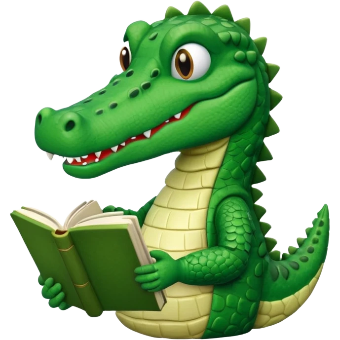 A claymation alligator with a book. The background is a solid white circle emoji