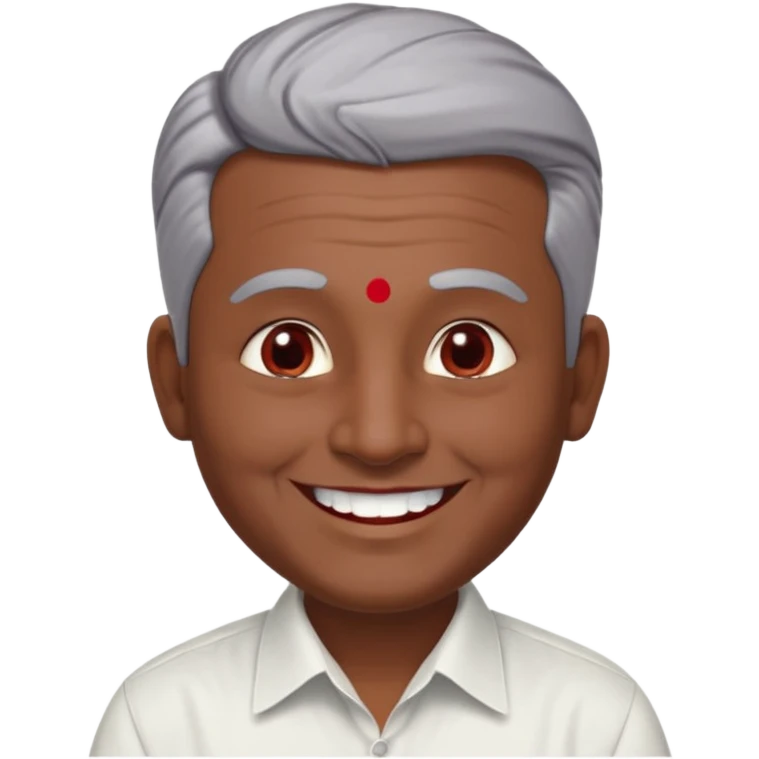 50 yr old indian man, dark skin, grey hair, big smile, white teeth, chubby, no moustache, clean shaven, young style hair, hair brushed back, 5 oclock shadow, bindy, dress shirt, forehead dot, chubby, religious, red dot, fancy hair, red dot emoji