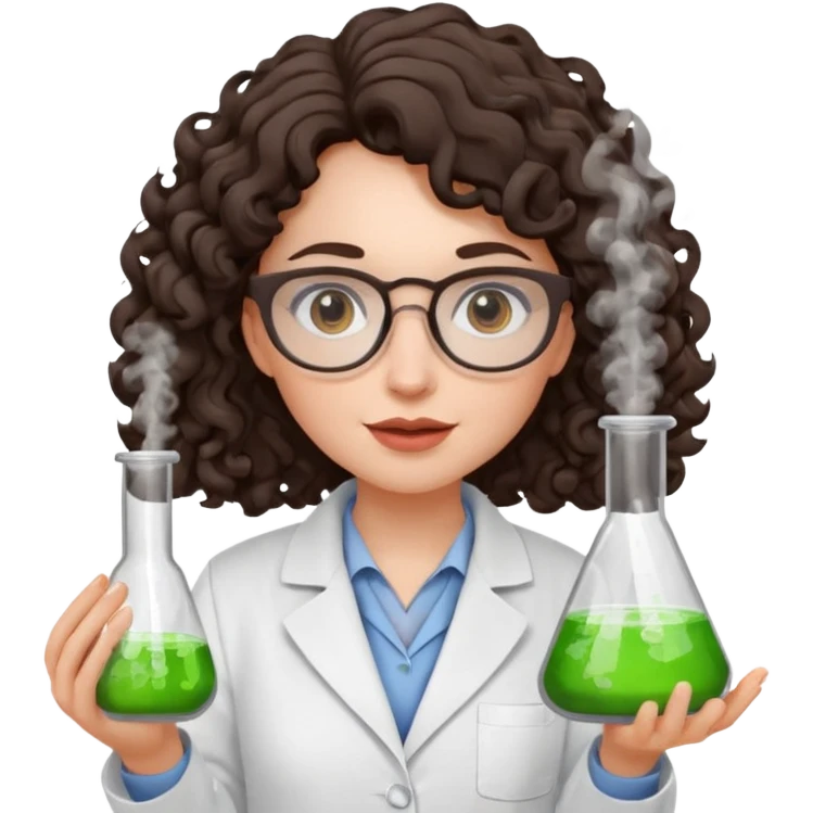 A crazy female scientist, with curly dark brown hair, brown eyes and grey glasses and pale skin  emoji