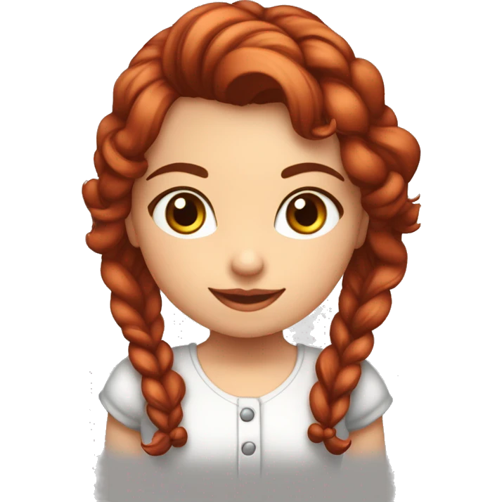 Menina ruiva, cabelo liso, olhos castanhos, com avental vermelho e um geladinho na mão emoji