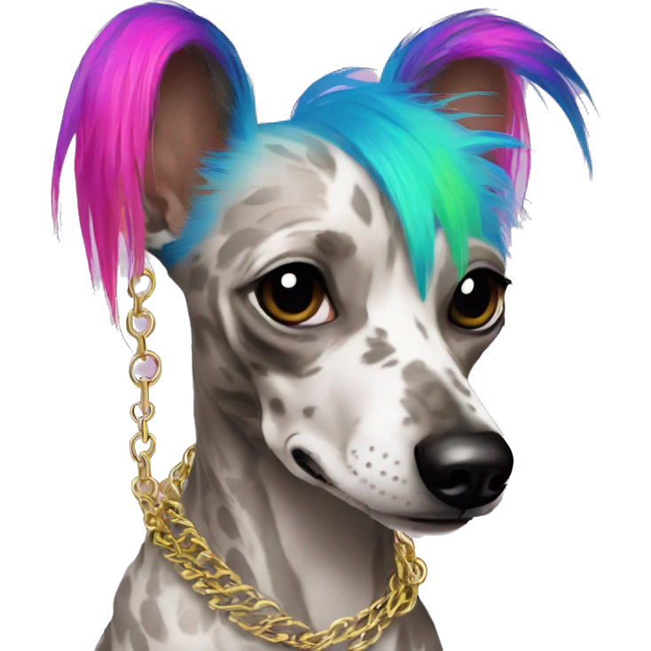 Punk Chinese crested dog neon rainbow hair gold chain piercings tattoos ear piercings emoji