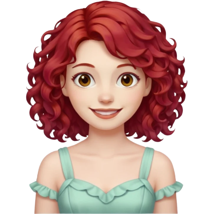 woman with shoulder length curly cherry red hair with brown eyes and pale skin smiling. pastel dress emoji