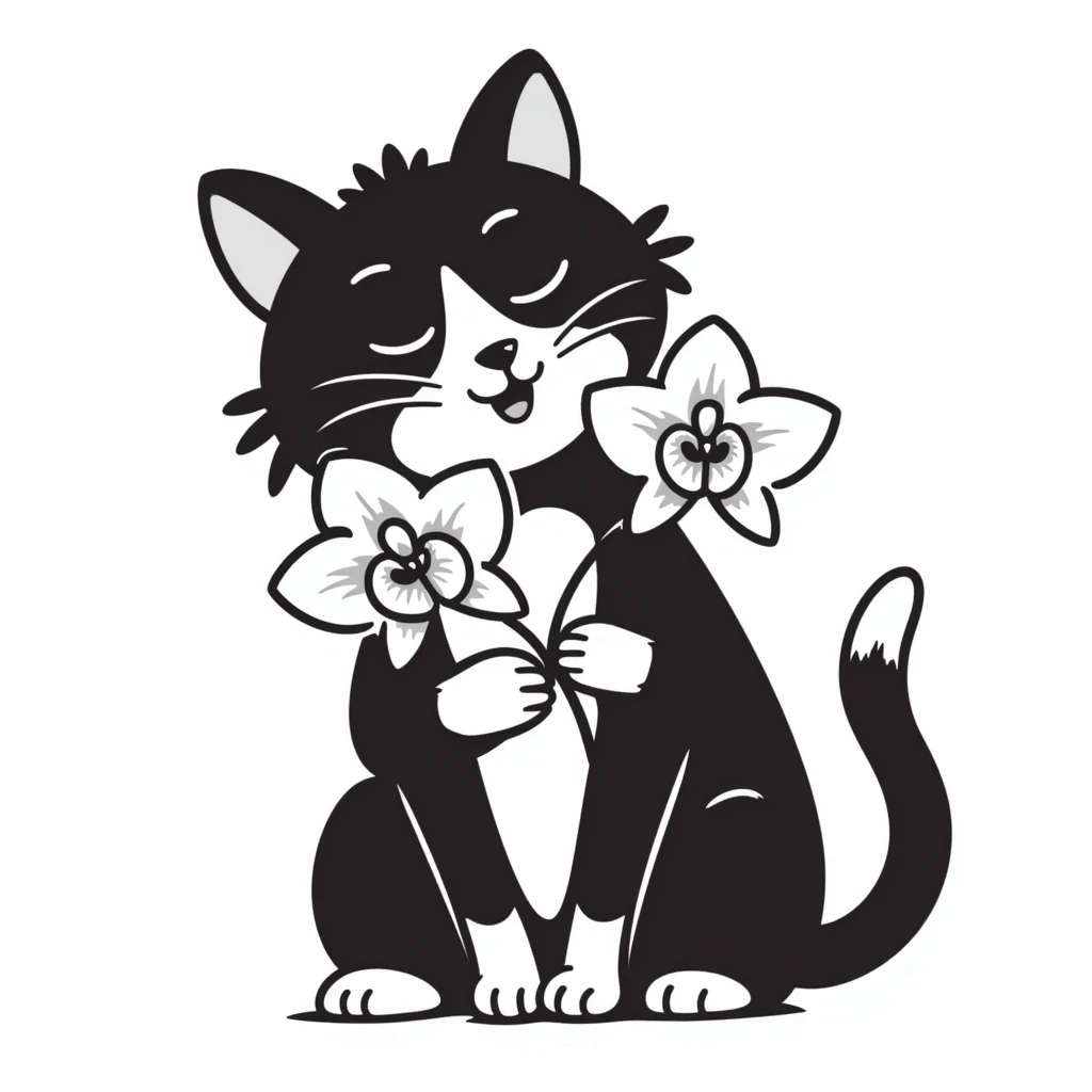 cat holding a spring orchid, hand drawn doodle style emoji