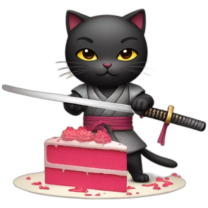 Ninja cat cuts a cake with a katana emoji
