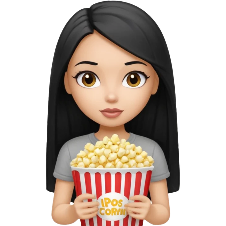 a pretty bratz dusky girl with long straight hair with popcorn nd wearing a grey tshirt emoji
