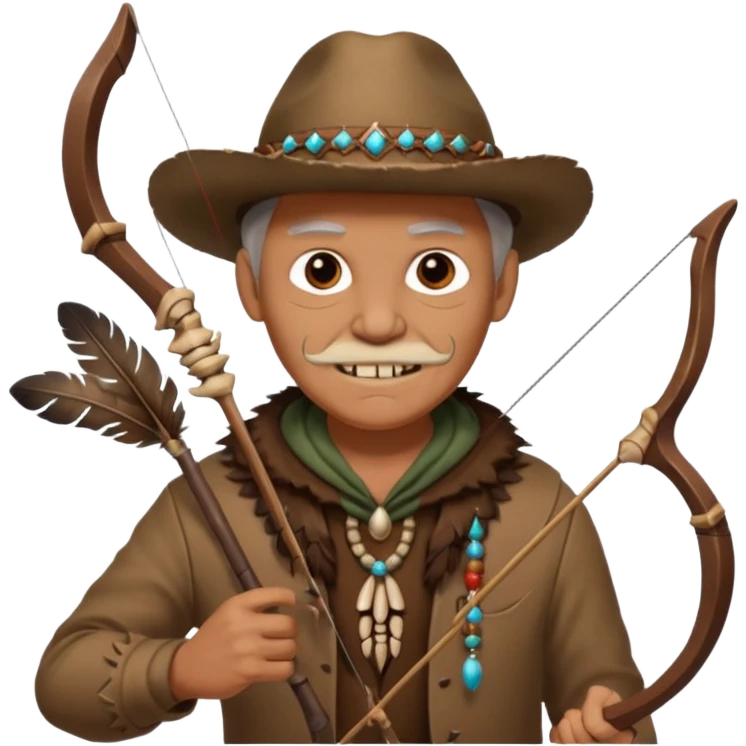 The classic image of a middle-aged uncle hunter carrying a bow, dressed in brown clothes, with some ornaments made of feathers, bones or teeth on his body. emoji