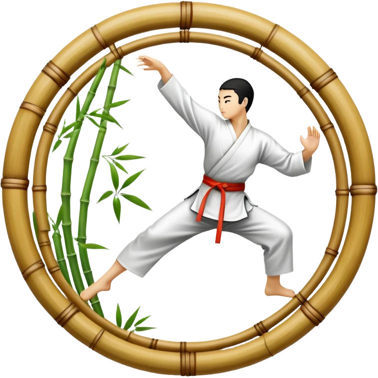 An icon symbolizing Eastern martial arts in the style of an emblem, with a black-and-white Yin-Yang symbol at the center. The design shows a martial artist performing a graceful kick, surrounded by bamboo and traditional elements. Transparent background emphasizes balance and harmony emoji