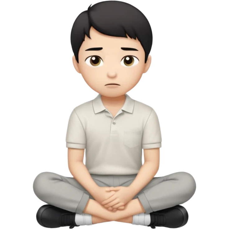 A cartoon young Asian boy with short black hair, light beige skin, and large expressive eyes, wearing a white polo shirt, gray pants, and black shoes. He sits cross-legged on the ground, one fist resting on his cheek, with a closed-mouth smirk. Clean lines, flat colors, solid black background. emoji