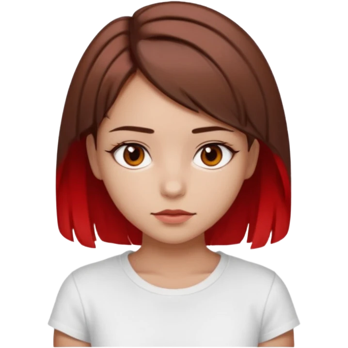Una ragazza bellissima, truccata un po', con occhi marroni e capelli marroni corti fino alle spalle con due ciocche rosse davanti . Un seno medio. Vestita con una maglietta aestetich bianca  emoji