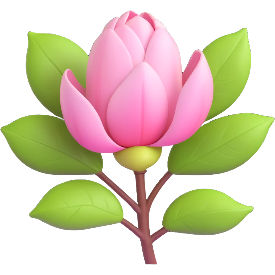 3D icon of a magnolia bud with pinkish tint and glossy green leaves, modern look emoji