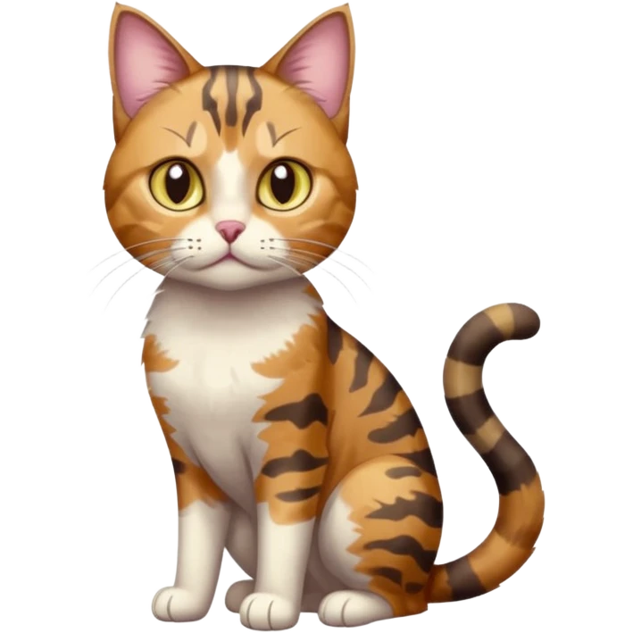 full body anxious looking colourful light calico tabby cat with hazel eyes and patchy brown tabby sections of fur emoji