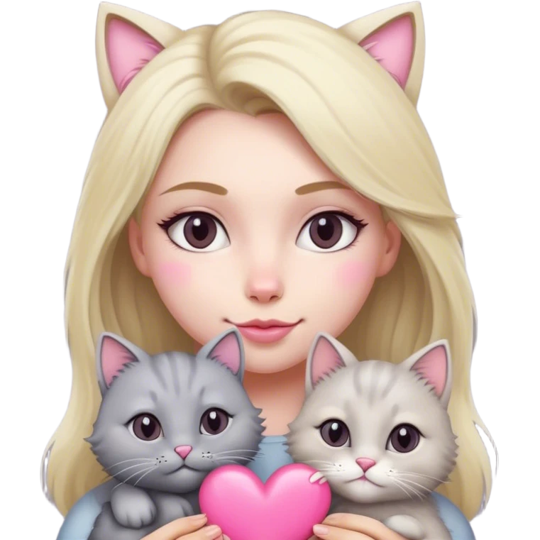 blonde woman and fluffy grey cat with a pink heart emoji