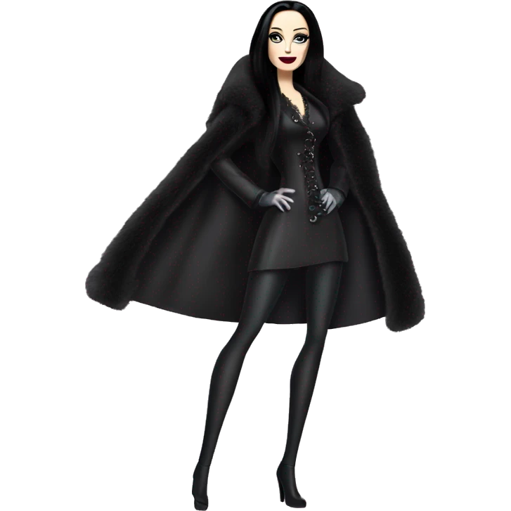 Dazzling Winter Barbie Morticia Addams .  Wearing coat gloves boots  emoji