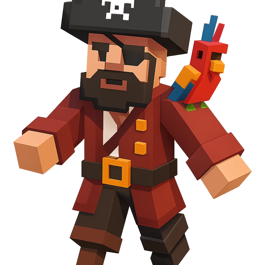 A pirate captain with a hat, eye patch, and a parrot on shoulder, clean geometric style emoji
