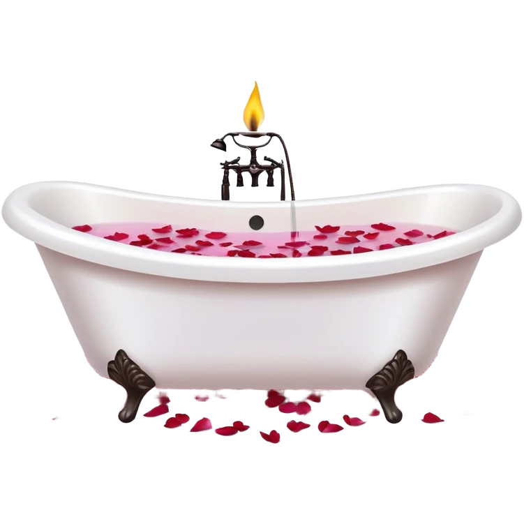 A white bathtub with warm water, with flower petals and scented candles, romantic lush warm colors emoji