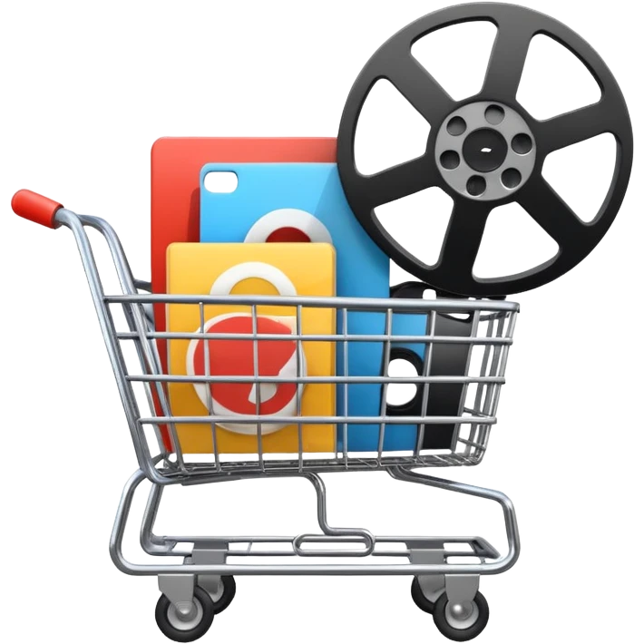 shopping cart with video play buttons and a film reel inside emoji