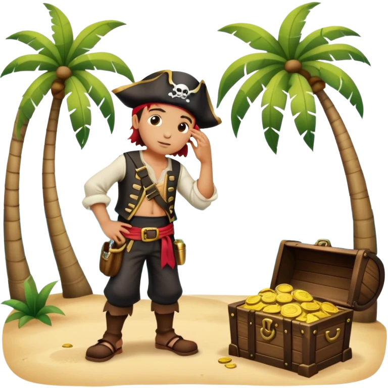 kid pirate with hand on forehead looking for something, one foot on treasure chest, palm trees in background emoji