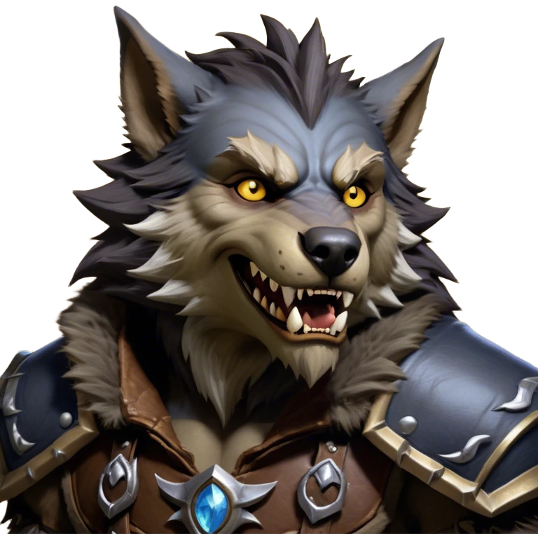 Cinematic Realistic WoW Worgen Portrait, head tilted dramatically with an exaggeratedly amused expression, blending ferocious beastliness with a touch of unexpected humor. His rugged fur, tanned skin, and worn leather garments are rendered with meticulous detail and dynamic lighting, high shine, dramatic yet whimsical, capturing the essence of a worgen whose epic might is tempered by a playful, irreverent charm. emoji