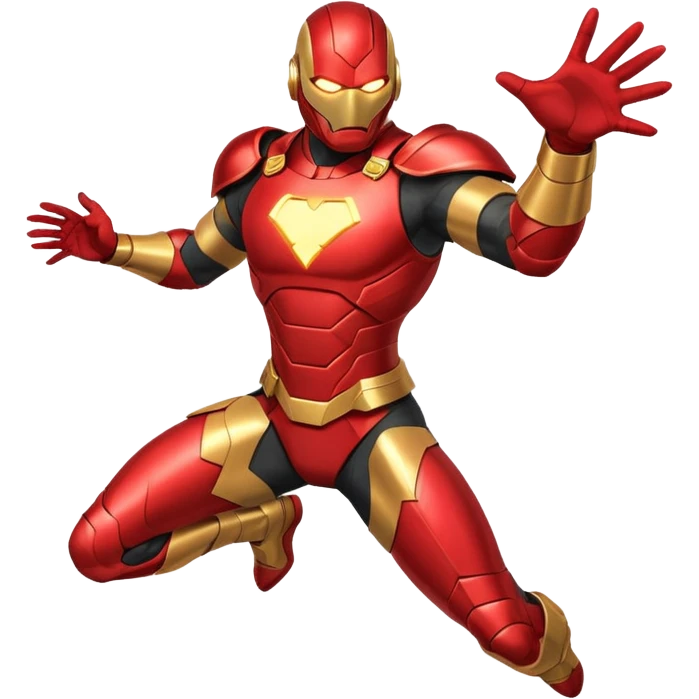 "A high-quality die-cut sticker of a tech-based armored superhero in a dynamic flying pose. Vibrant red and gold metallic plating, glowing circular chest piece, thick white border, flat vector art style, white background." emoji