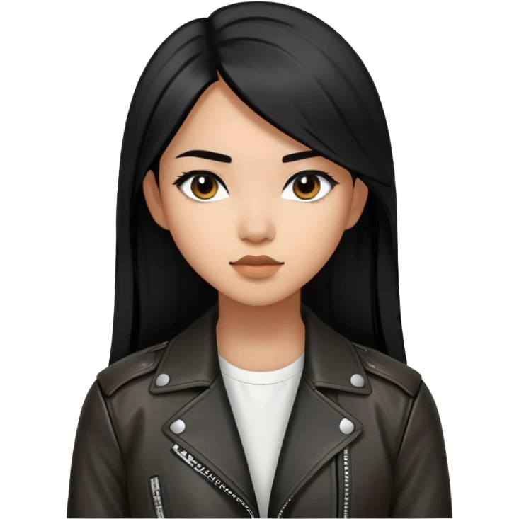 create an emoji of a 22-year-old woman, long straight black hair, black eyes with Asian features, she is brown, wears a black leather jacket with a white blouse underneath emoji