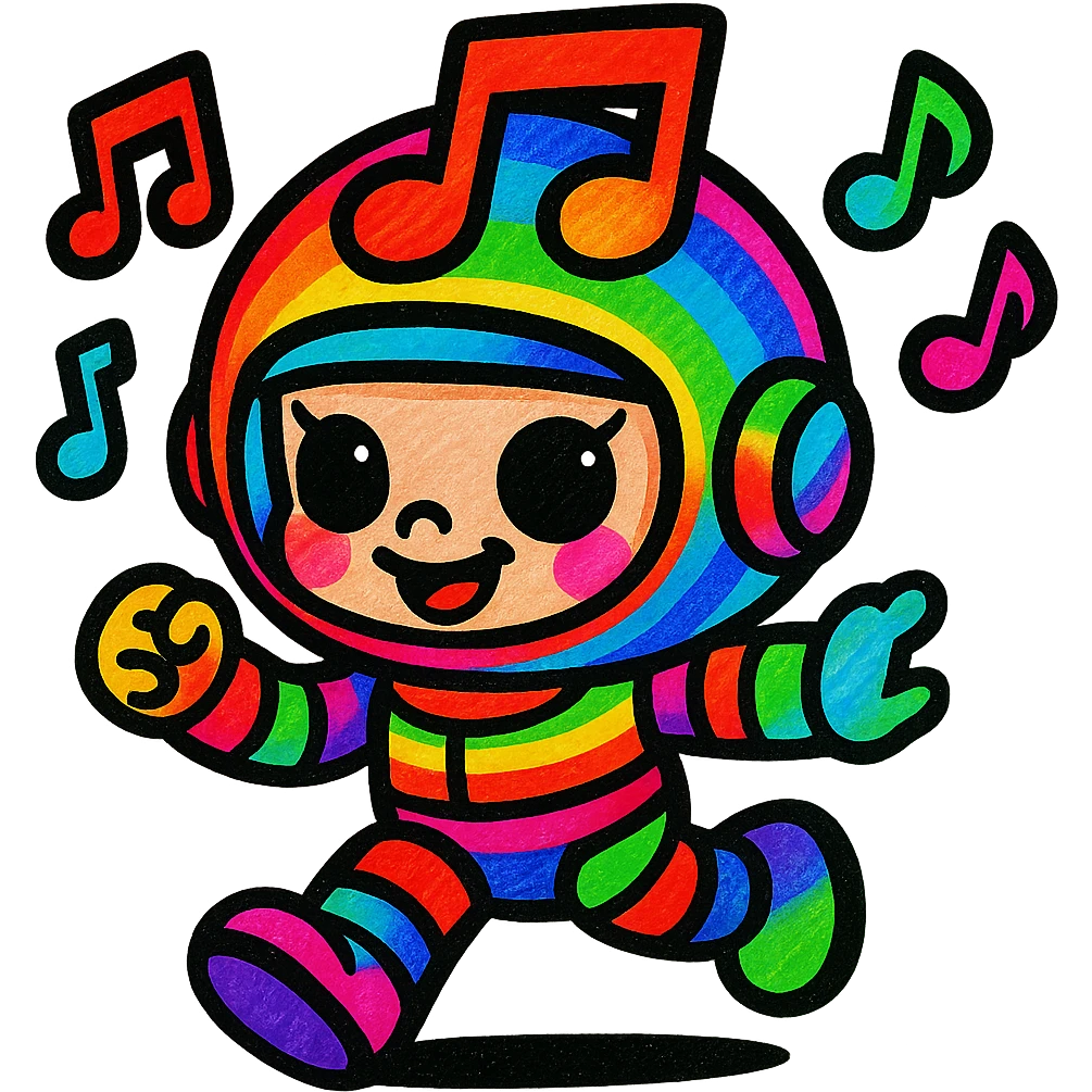 Add more vibrant colors to Popmart Space Molly as a Rednote emoji, keep playful and musical vibe, make helmet, suit, and musical notes multicolored, maintain cute cartoon style, no background. emoji