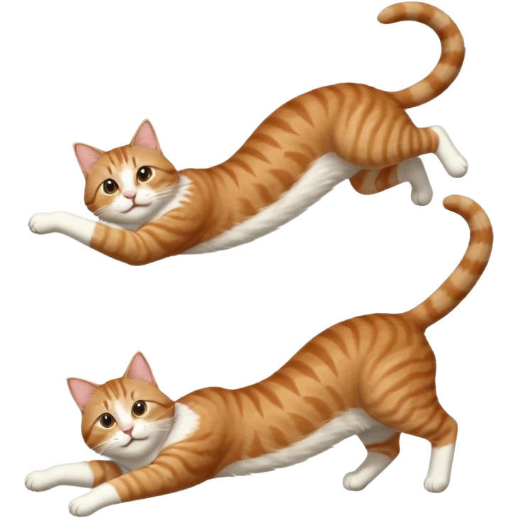 brown tabby and white cat with doing a big extremely long stretch reaching up into the air with arms and legs side by side together straight and overextended whilst lying on its side emoji