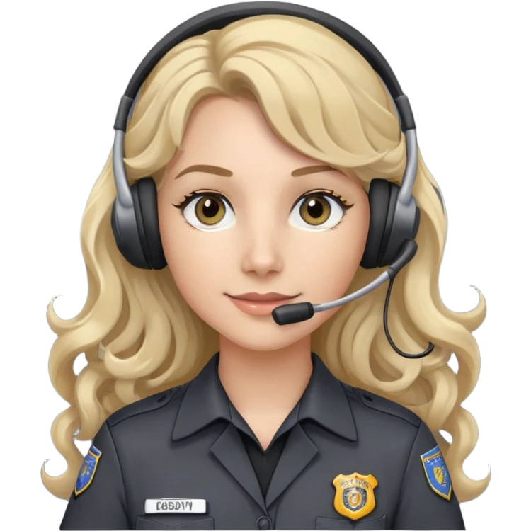 911 dispatcher dark gray uniform, gray eyes, long curly blonde hair, head set emoji