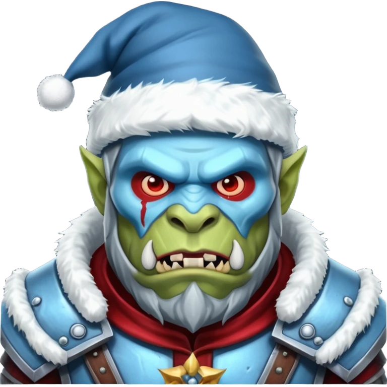 
Fantasy Christmas orc legion soldier icon, iron tundra army theme, heavy winter armor, disciplined brutal look, icy blue steel armor with deep crimson accents, frozen metal texture, cold winter atmosphere, male variant emoji