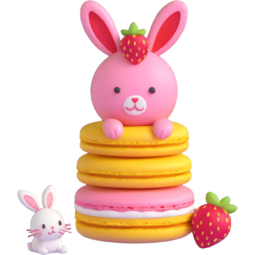 3D ios style macaron with strawberry and a bunny on top, yellow color emoji