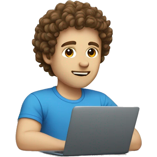 guy with curly brown hair, pale skin, blue t-shirt, sitting at a laptop emoji