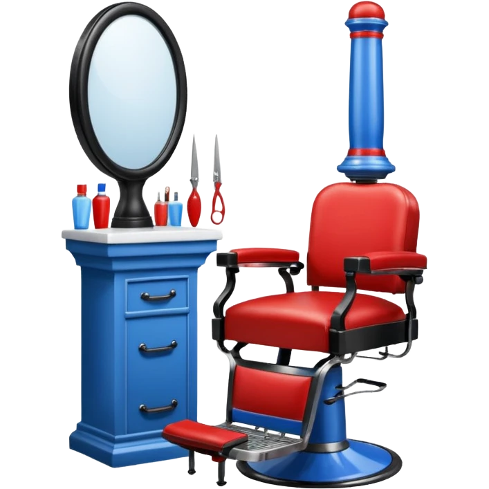 Text “Barber shop” with red and blue barber tower and barber chair with scissors detailed emoji