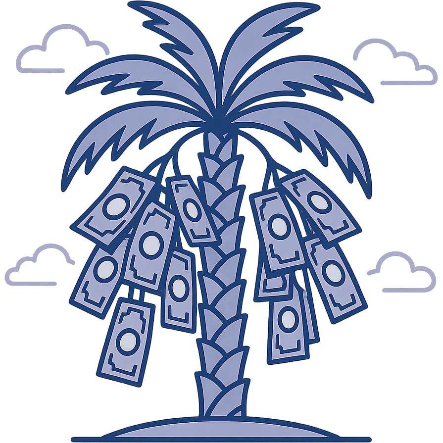 Date palm tree with money hanging like fruit, flat modern style, Middle Eastern wealth theme emoji