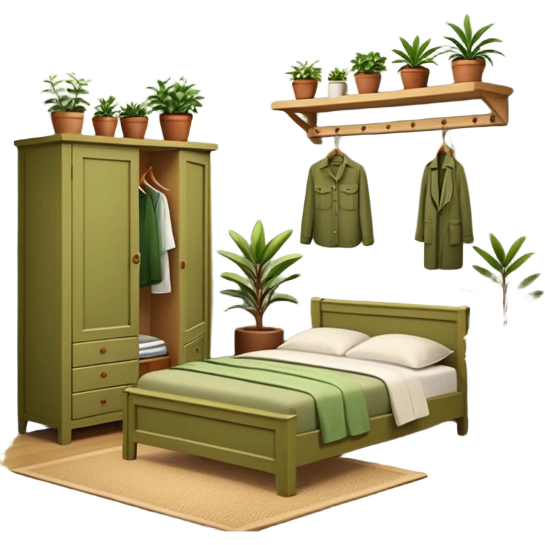 Organizing bedroom with olive green walls, wood bed, plants around, and wood closet emoji