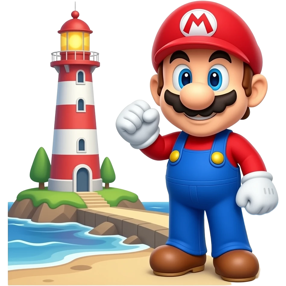 super mario bro close to a lighthouse 3d close to the ocean emoji